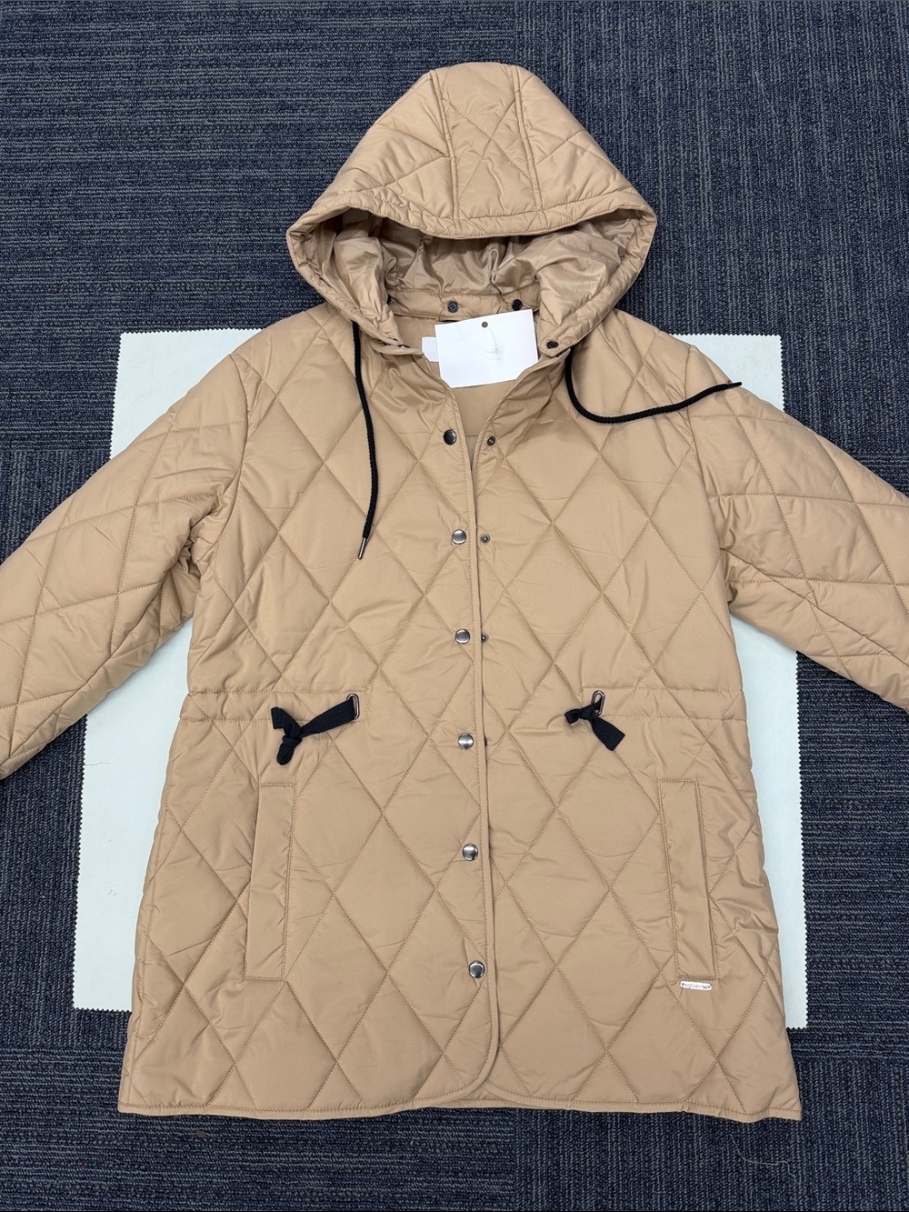 Diamond-Quilt Hooded Puffer Coat in Beige